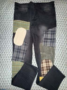KDNK Black Denim Distressed Patchwork Jeans Size 32